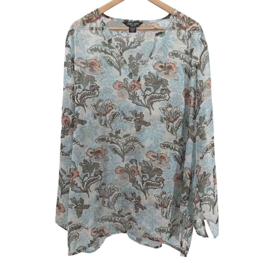 Zero Zero Sheer Floral Tunic Top Plus Sz‎ 3X Metallic Stripe Overlay Light Blue